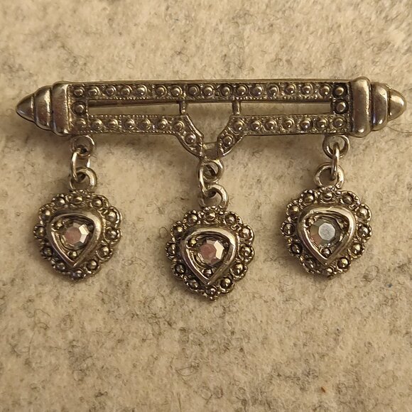 Vintage Sterling Bar Pin w/ Marcasite Hearts - Beautiful Brooch! - Picture 2 of 6